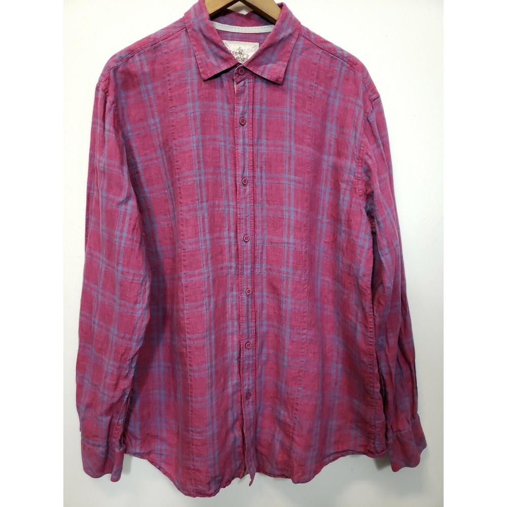 Age Of Wisdom Men's 100% Linen Button Shirt Size XL Plaid  Long Sleeve